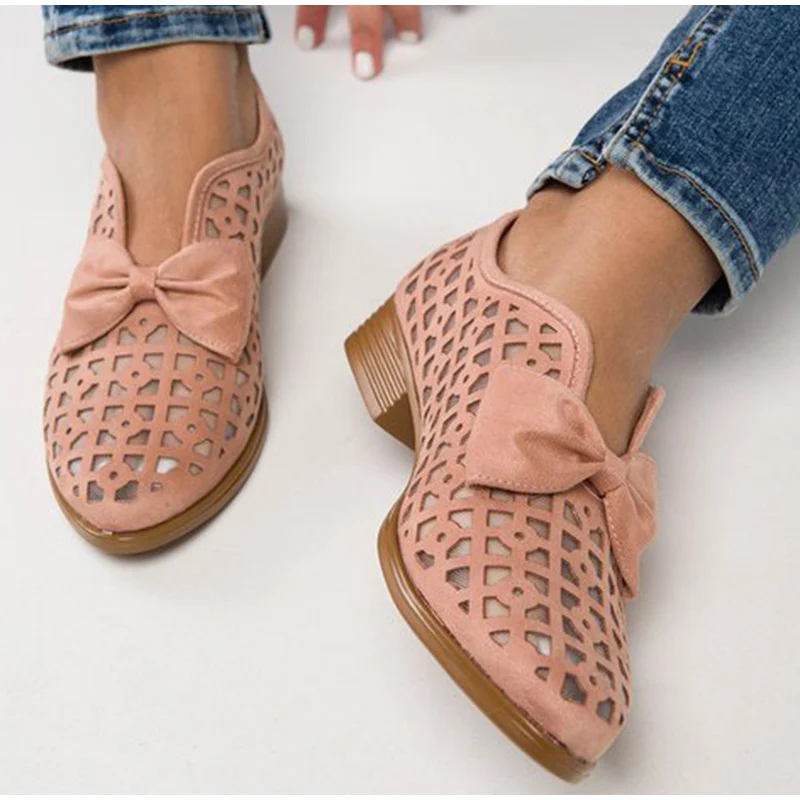 

Туфли-лодочки женские на низком каблуке, дышащие однотонные, без застежки, с бантом и заостренным носком, Повседневная Уличная обувь с отвер...