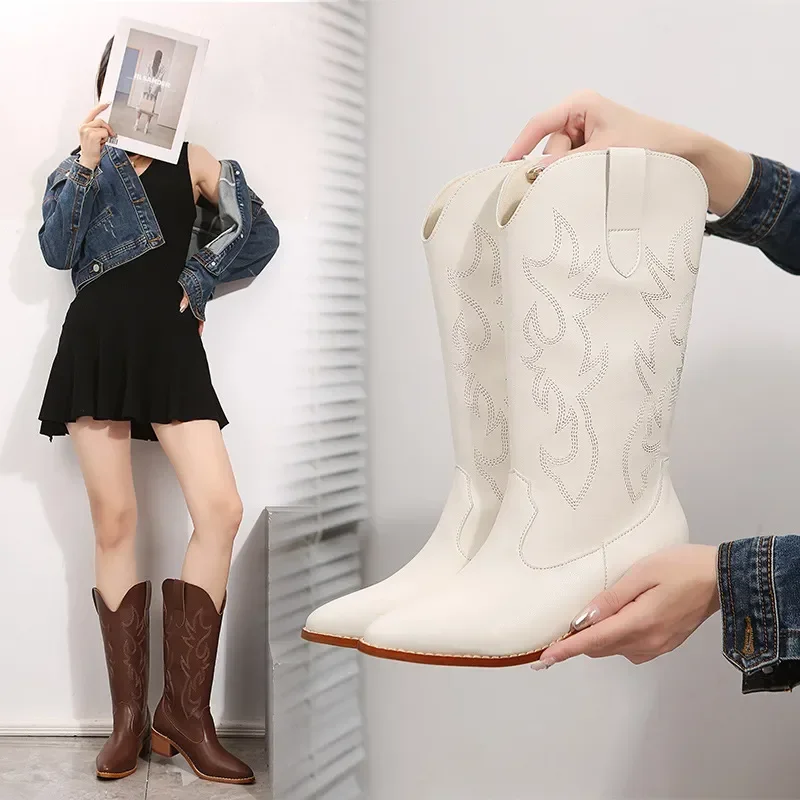 Женские ковбойские сапоги до колена в западном стиле с острым носком на