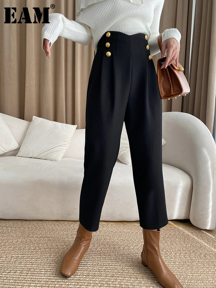 

[EAM] High Waist Button Black Brief Long Harem Pants New Loose Fit Trousers Women Fashion Tide Spring Autumn 2023 1DF2843