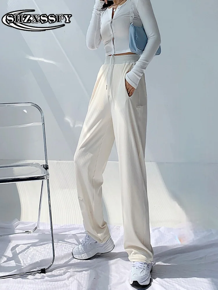 

Summer Women's Sports Pants Fashion 2023 White Ice Silk Elastic Waist Casual Loose Straight Trousers Wide Legs Pants for Women