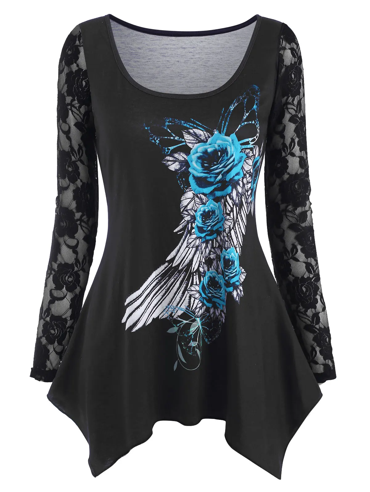 

Lace Insert Flower Butterfly Wing Print Handkerchief T Shirt Women Long Sleeve Tee See Thru Sleeve Tops Fairy Grunge