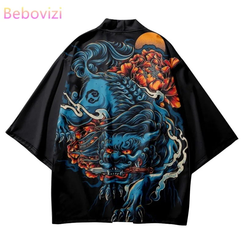 

Chinese Anime Lion Print Haori Beach Yukata Cosplay Japanese Cardigan Shirts Traditional Kimono Men Women Asian Clothing