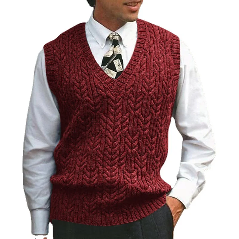 2023 Spring Autumn Knitted Men Sweater Vest Casual Sleeveless Sweaters Mens Cable V-neck Sweater Solid Color Casual Pullover