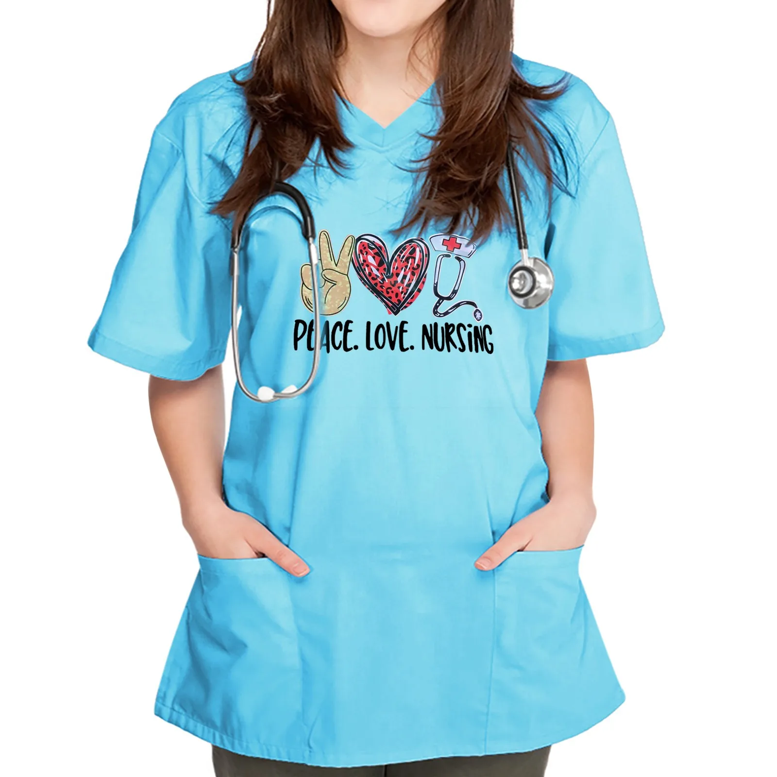 

Women Short Sleeve V-neck Tops Working Solid Color Pocket Blouse Ladies Knit Long Sleeve Top Loose Women's Long Sleeve Shirts