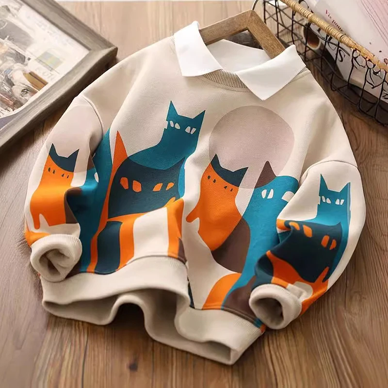 Толстовка с капюшоном для мальчиков кошачий принт воротник-флип имитация двух