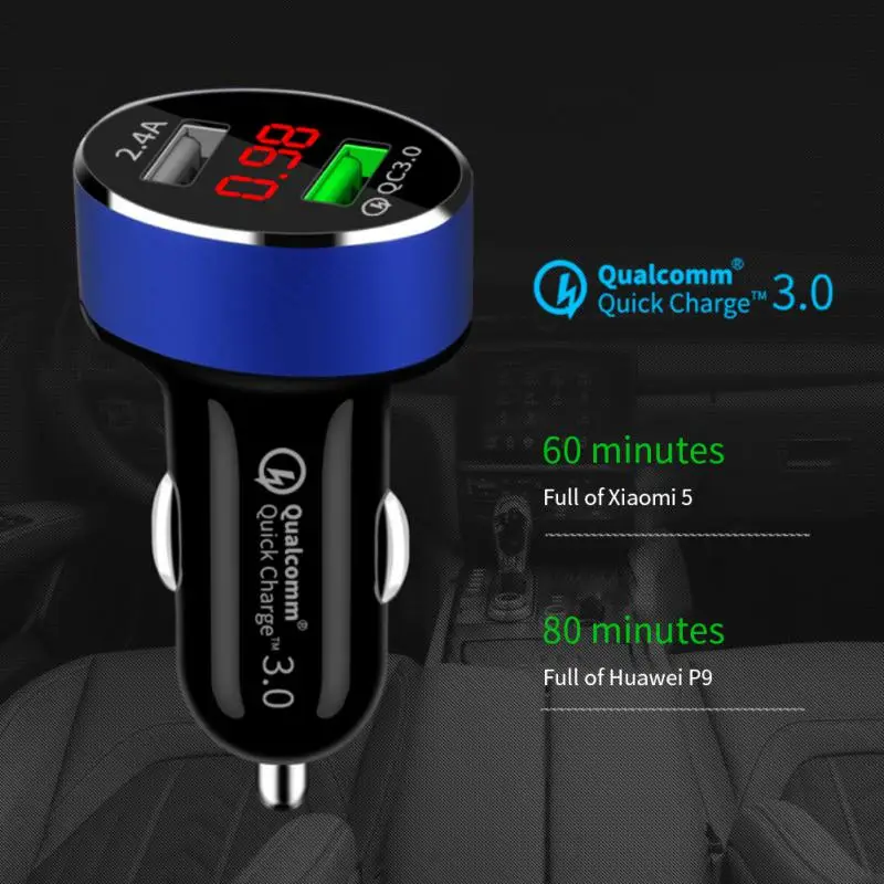 

QC3.0 Car Charger 2.4A Dual USB Fast Charging Universal Mobile Phone Charger Adapter Digital Display for iPhone Samsung Xiaomi