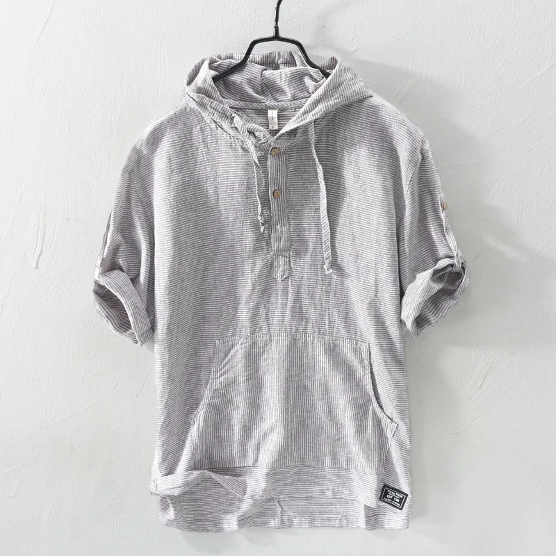 

Summer Fasion Men Sirts ded Collar Sort Sleeve Linen Sirts Men Cotton Tee Pullover Vintae Casual Stripe Sirts Camisas