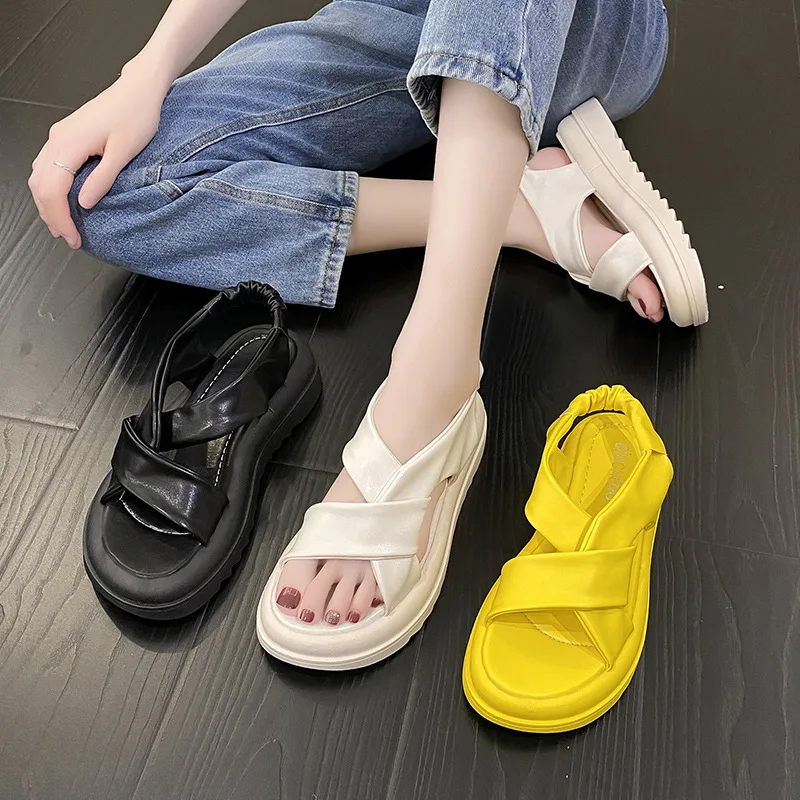 

Сандалии женские на платформе, мягкие Босоножки с открытым носком, плоская подошва, Повседневная Удобная пляжная обувь, Ins стиль, лето