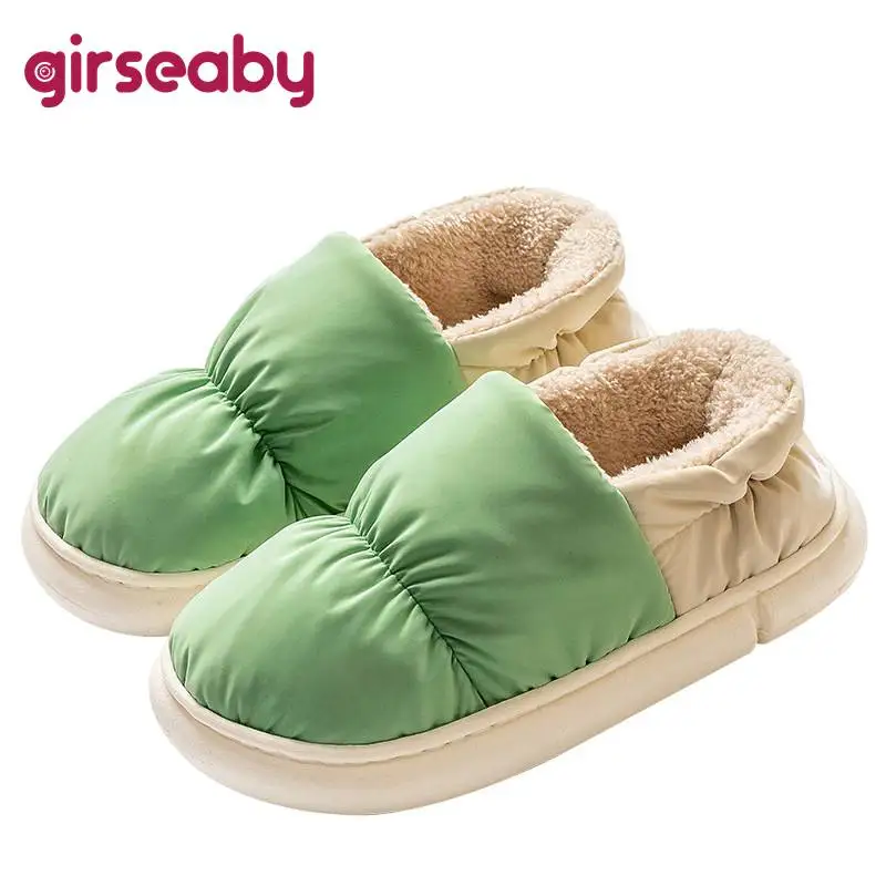 

Зимние хлопковые тапочки на пуху Girseaby, водонепроницаемая Нескользящая домашняя обувь для мужчин и женщин, однотонная закрывающая обувь на ...