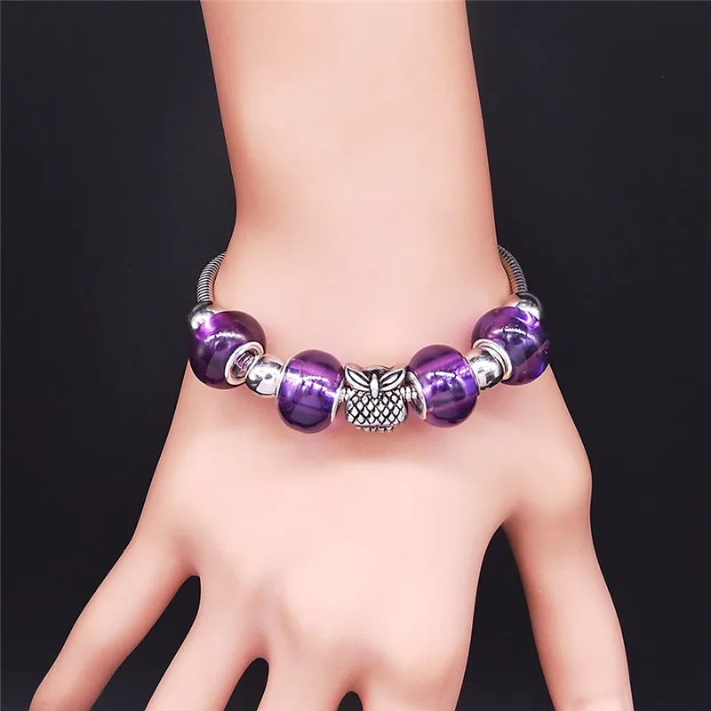 

Animal Owl Stainless Steel Purple Glass Bracelet for Women Silver Color Charm Bracelets Jewelry pulsera mujer BXS07