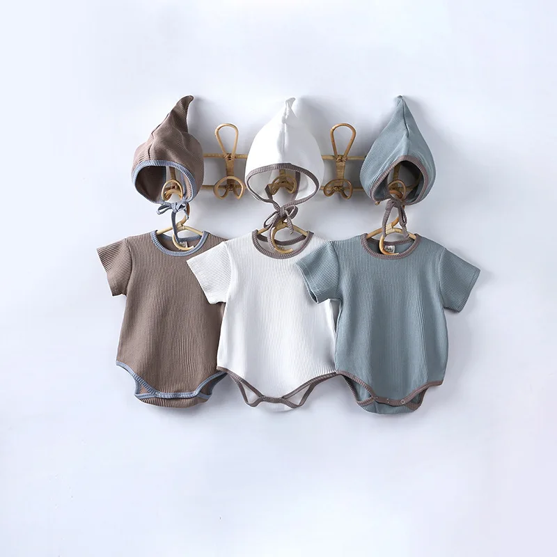

French Baby Short Sleeve Briefs Romper Cap Set Summer Soild Newborn Infant One Piece Bodysuit Hat Kids Girl Boy Outfits Clothes