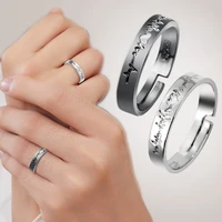 2pcs love heart electrocardiogram couple open rings for women men black silver color engagement wedding valentine day gift