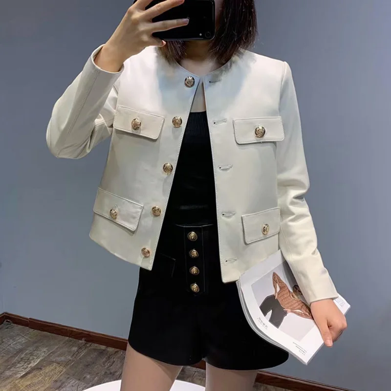 2023 Sheepskin Coat For Women Spring Genuine Leather Jacket Black White Women Clothes TF8294