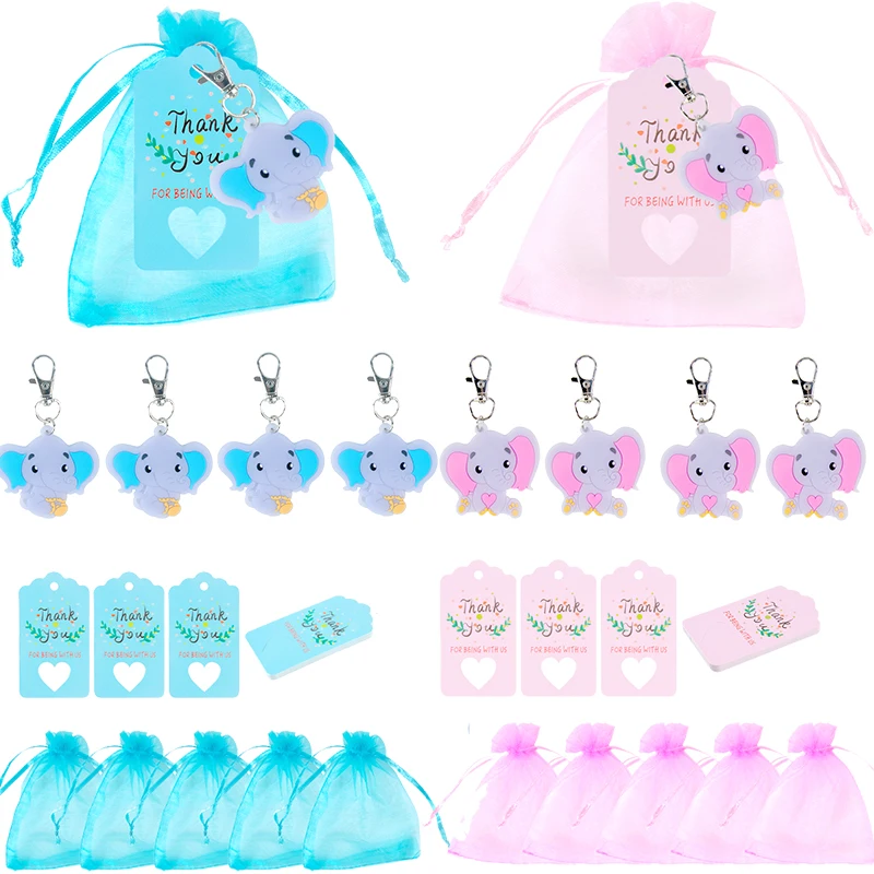 

20-60pcs Baby Shower Return Favors Pink Blue Organza Bag with Elephant Keychain Thank You Tags for Boys Girls Birthday Supplies