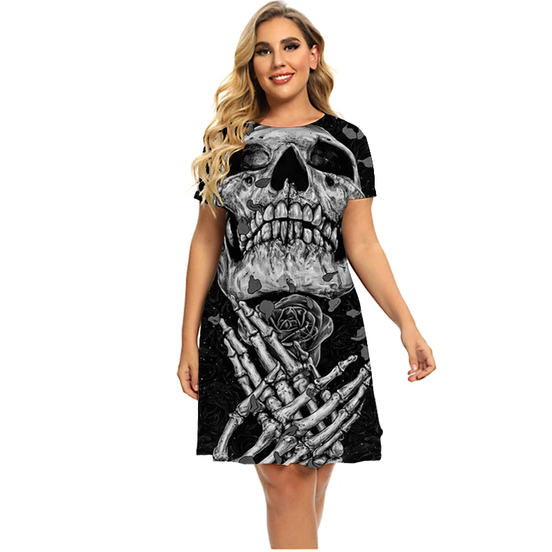 

Summer Horror Skeleton Cool Girl Printed Short-sleeved Dress Fashion Street Harajuku Style Basic Short-sleeved Dress To Wear