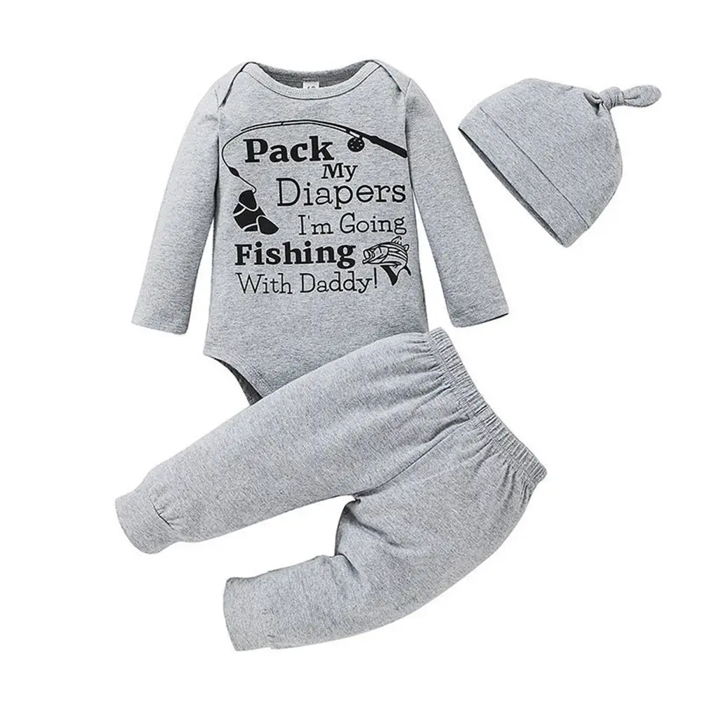 

Baby Boy Clothes New Fashion Gray Cotton Long Sleeved Rompers Tops + Pants + Hats 3PCS Infant Outfits Kids Bebes Jogging Suits