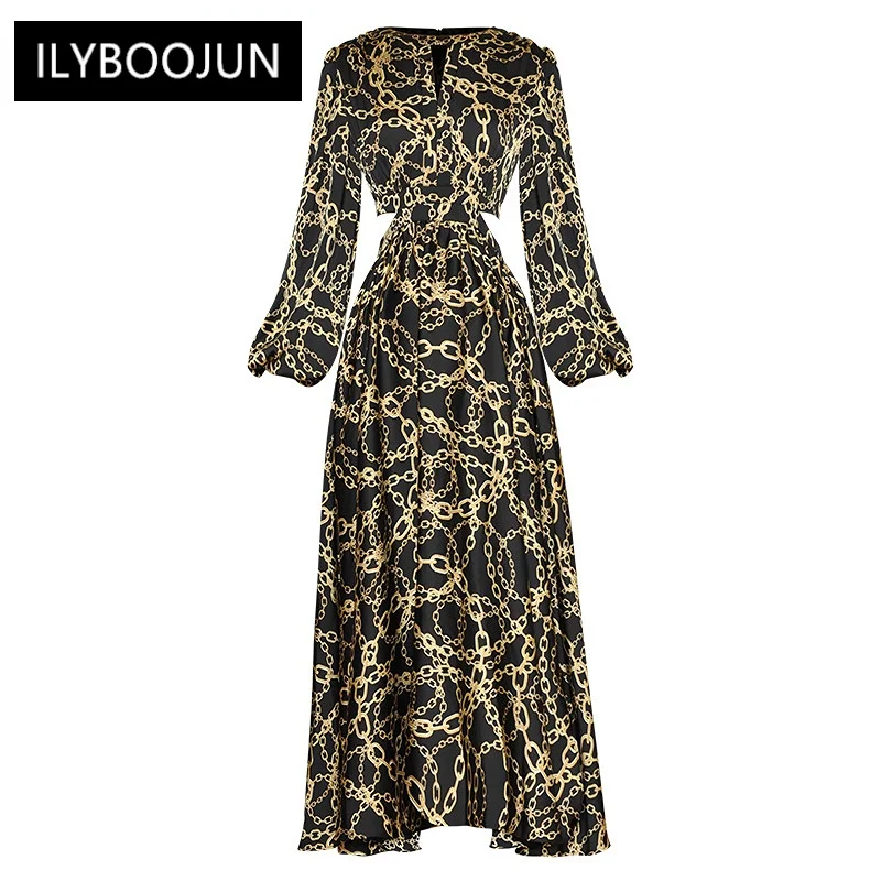 Dresses For Women 2023 Runway Luxury Designer High Quality  Summer O-Neck Lantern Long Sleeve Printing Hollow Out Maxi dress