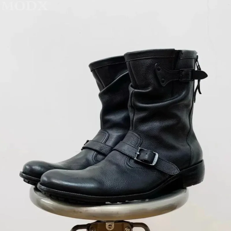 Японские винтажные ботинки из воловьей кожи черные рабочие до середины икры