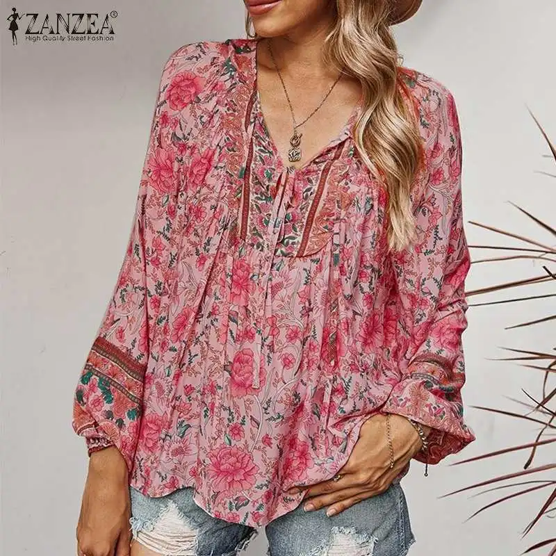 

Bohemian Blouse Women Casual Long Lantern Sleeve Shirt 2022 Stylish Spring Vintage Tunic Tops ZANZEA Elegant Floral Print Blusas
