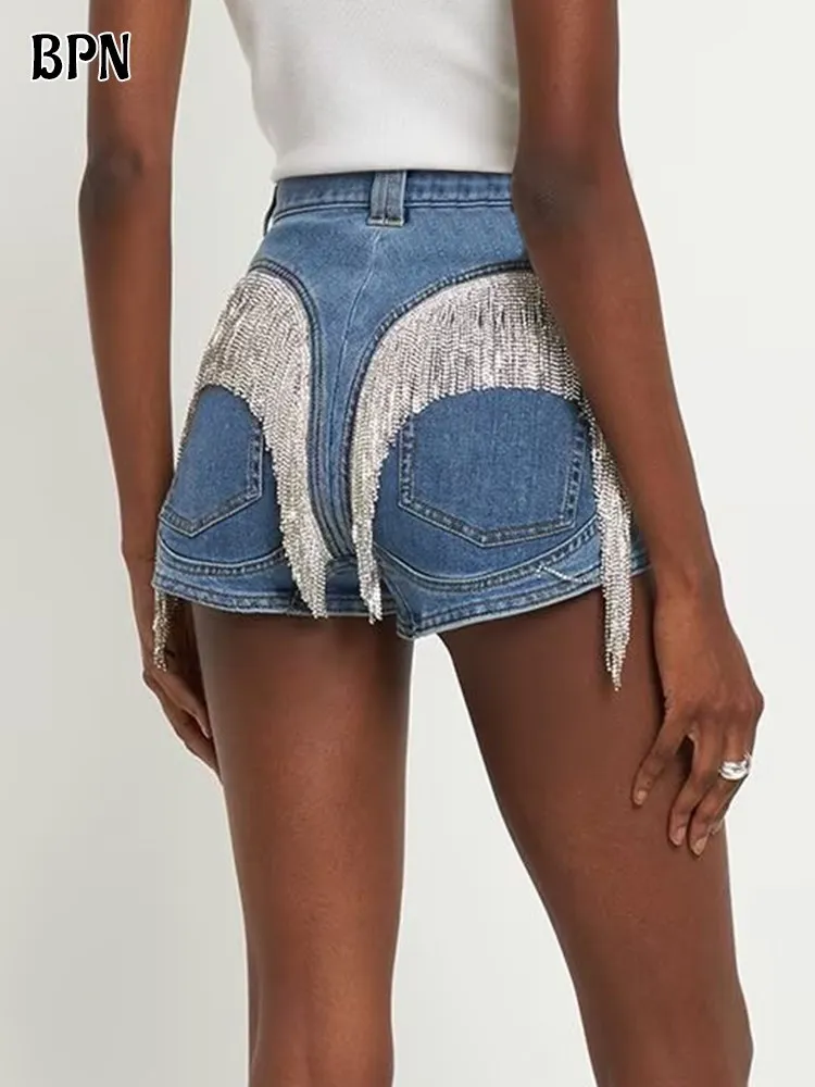 

BPN Solid Patchwork Tassel Denim Shorts For Women High Waist Spliced Single Button Slim Short Pant Female Fashion Clothing Style