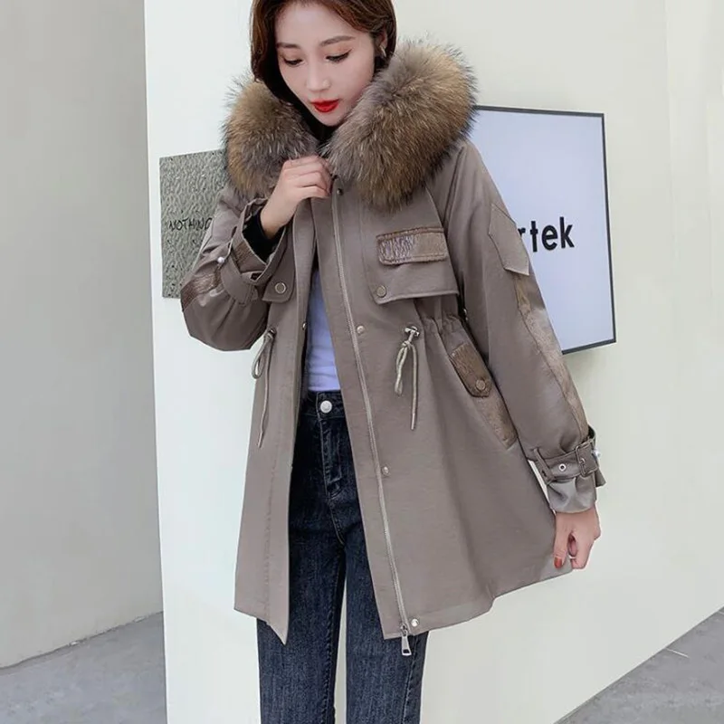 

New Raccoon Fur Collar Hooded Overcome Womens Winter Jacket Cold Warm Fur Coat Rex Rabbit Fur Liner Fur All-In-One Overcoat Long