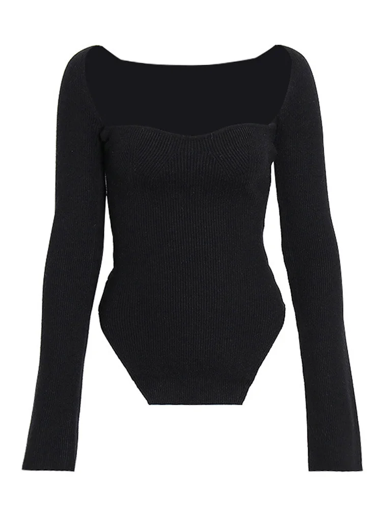 Женский трикотажный свитер с квадратным вырезом длинным рукавом