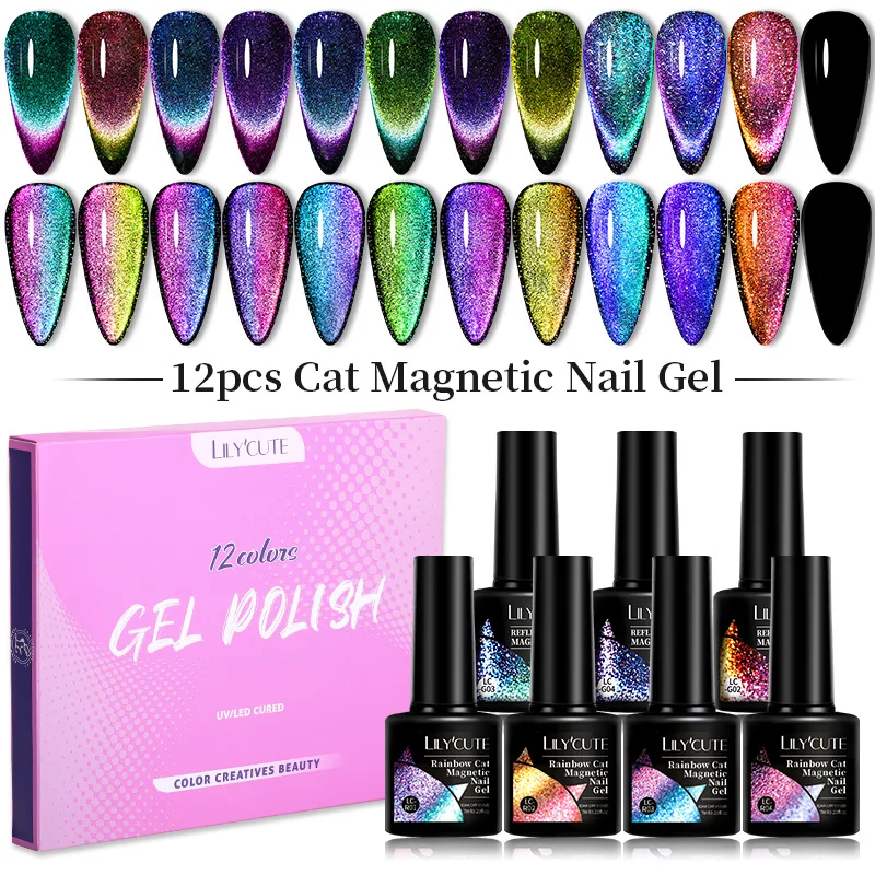 

LILYCUTE 7ML Gel Nail Polish Set 12 Color Solid Color/cat's Eye Series Kit Manicure Semi Permanent Soak Off Nail Art Gel Varnish
