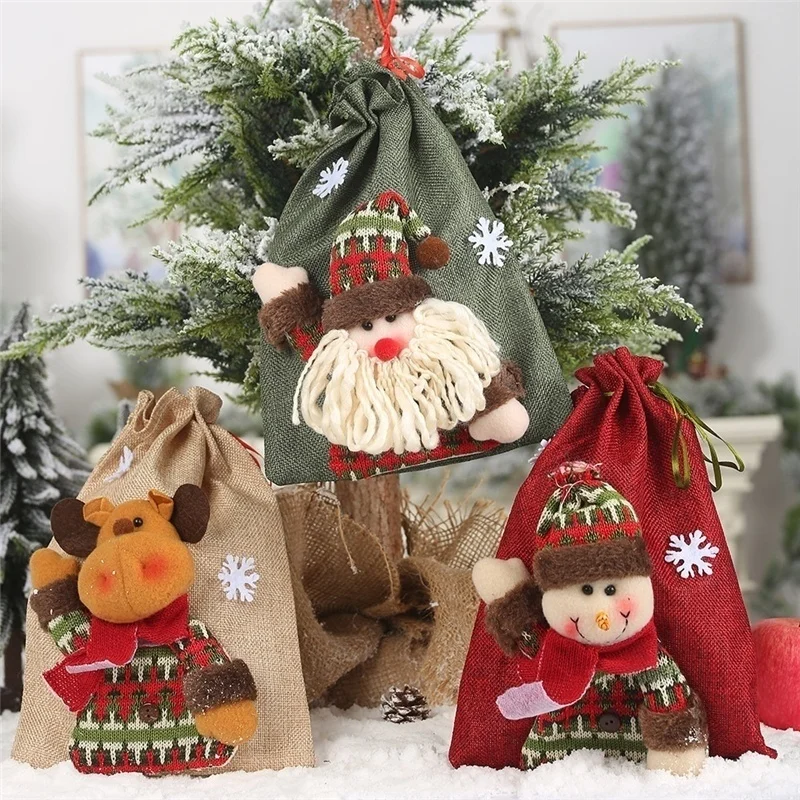 

Новогодние и рождественские украшения для дома, льняной Подарочный пакет на шнурке, большие конфеты, рождественские сумки, праздничный мультяшный пакет с яблоками