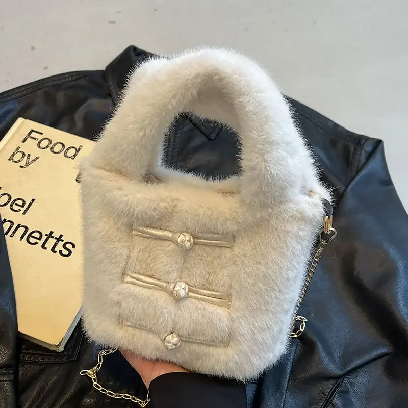 Популярная женская сумка-ведро на цепочке одно плечо новинка 2024 плюшевые