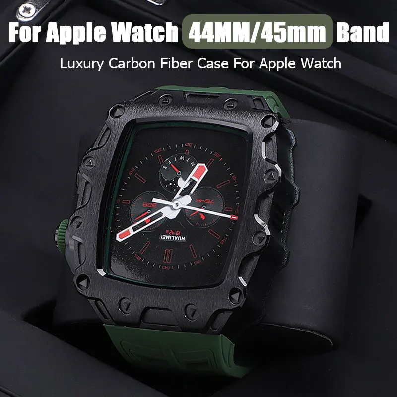 Luxury Carbon Fiber Case For Apple watch 44mm 45mm Metal Rugged Cover Sport Strap Modification Kit for iWatch Series 8/7/6/5 SE