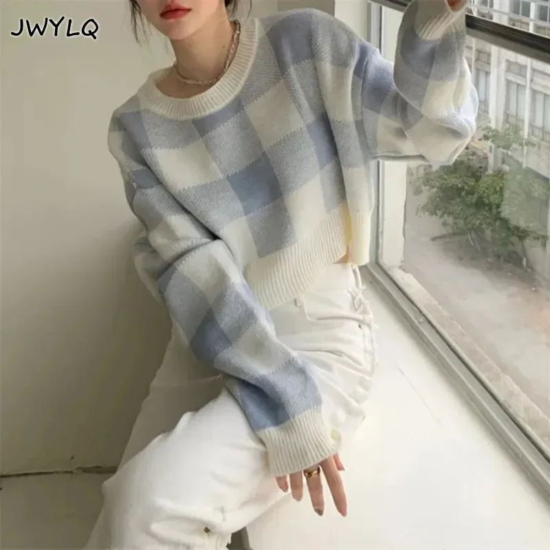 

Cropped Sweater Korean O-neck Plaid Printing Preppy Style Pulr Sweater Women Simple Swt Sweaters For Women Student Sweater