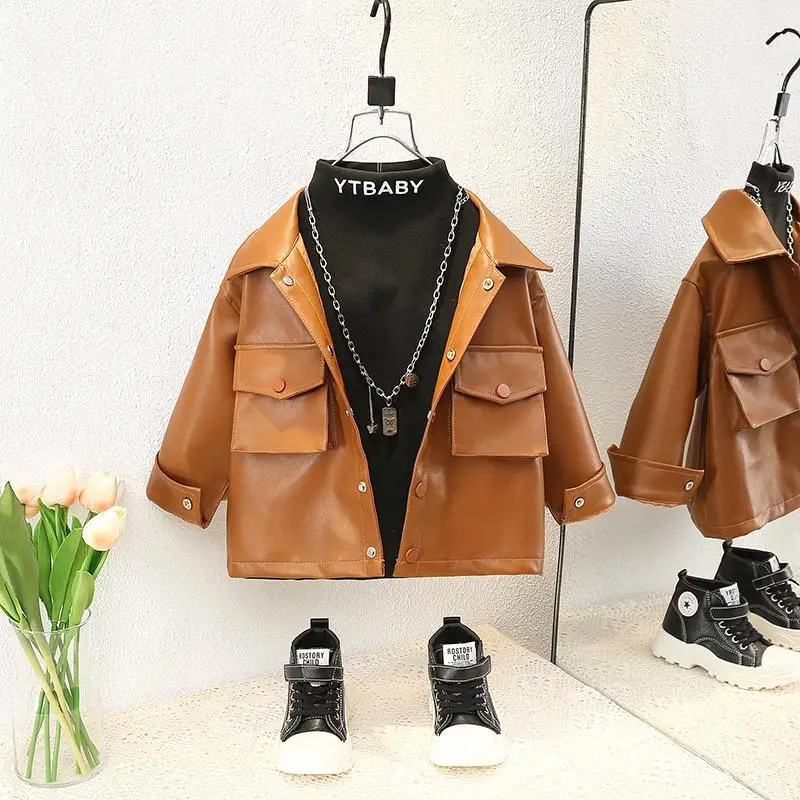

Baby boy girls PU leather Jackets Fashion spring Autumn Lightweight Long Sleeve Outerwear Baby Kids Clothes outwear 2-10y
