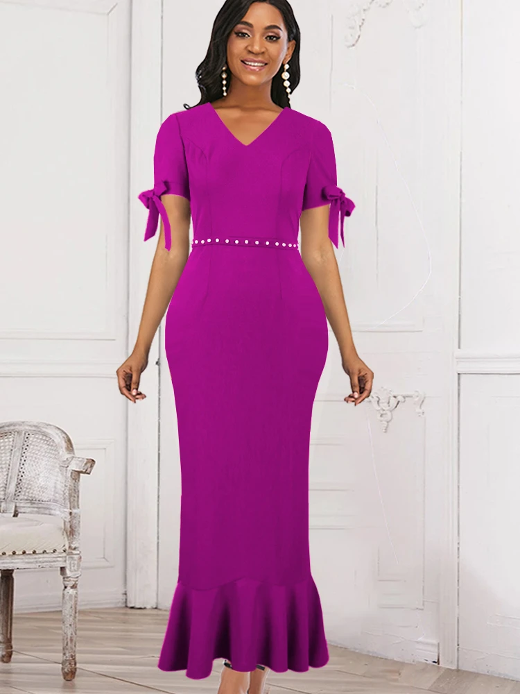 

Women Elegant Dress V Neck Bodycon High Waist Beads Short Sleeve Ruffles Office Ladies Evening Party Robes Big Size Summer New