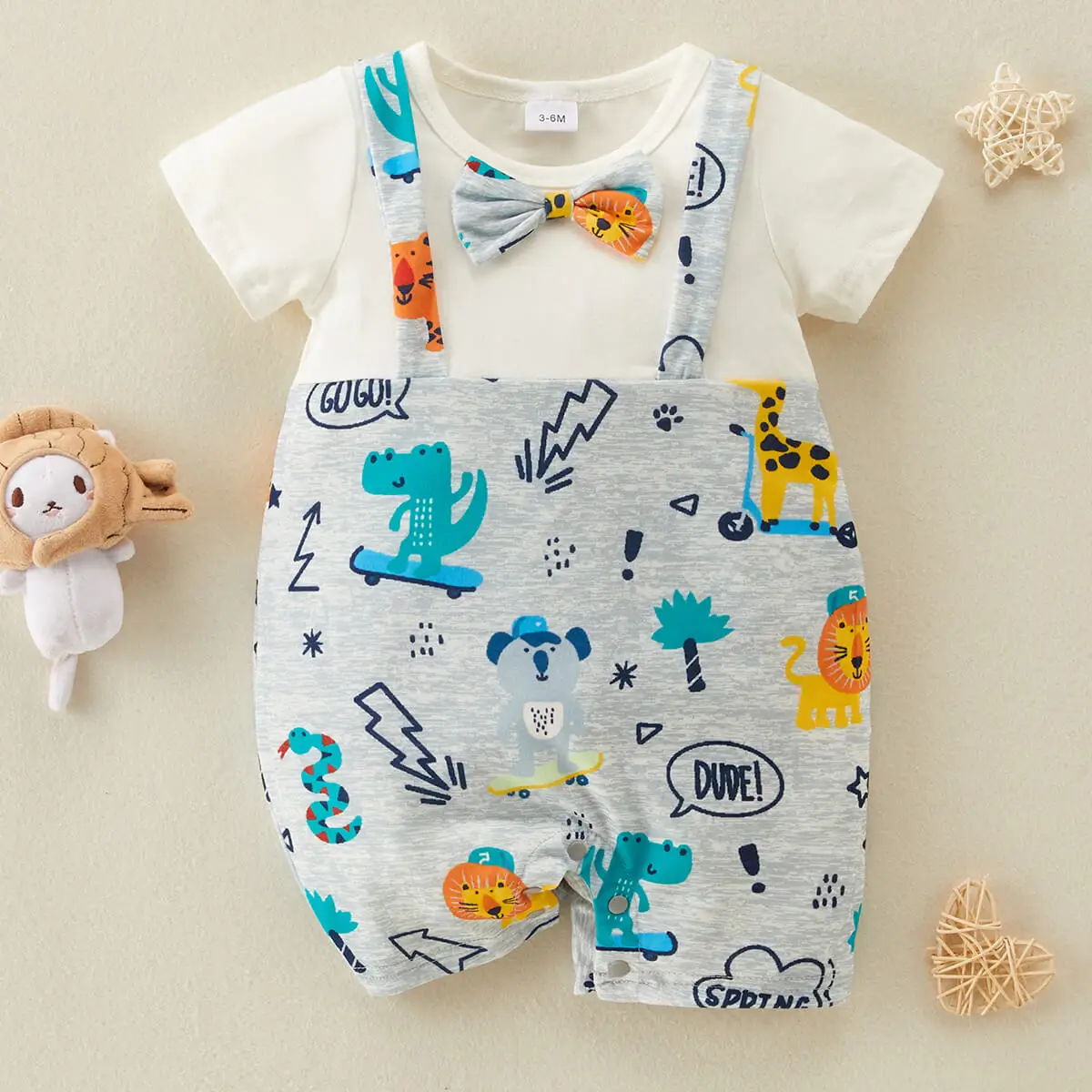 

hibobi Baby Boy Cute Animal Print Bow-tie Short Sleeve Romper