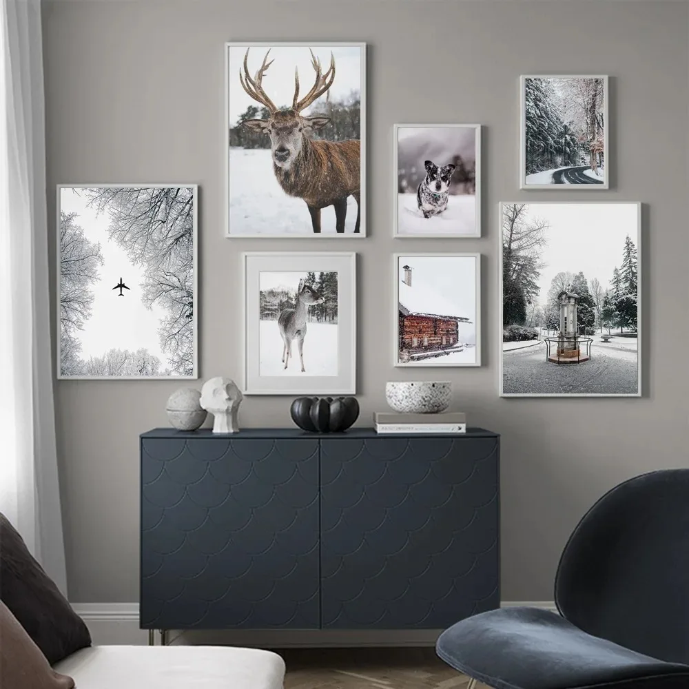 Зимний Снежный Олень Летающее Дерево Деревянная Домика Живописные