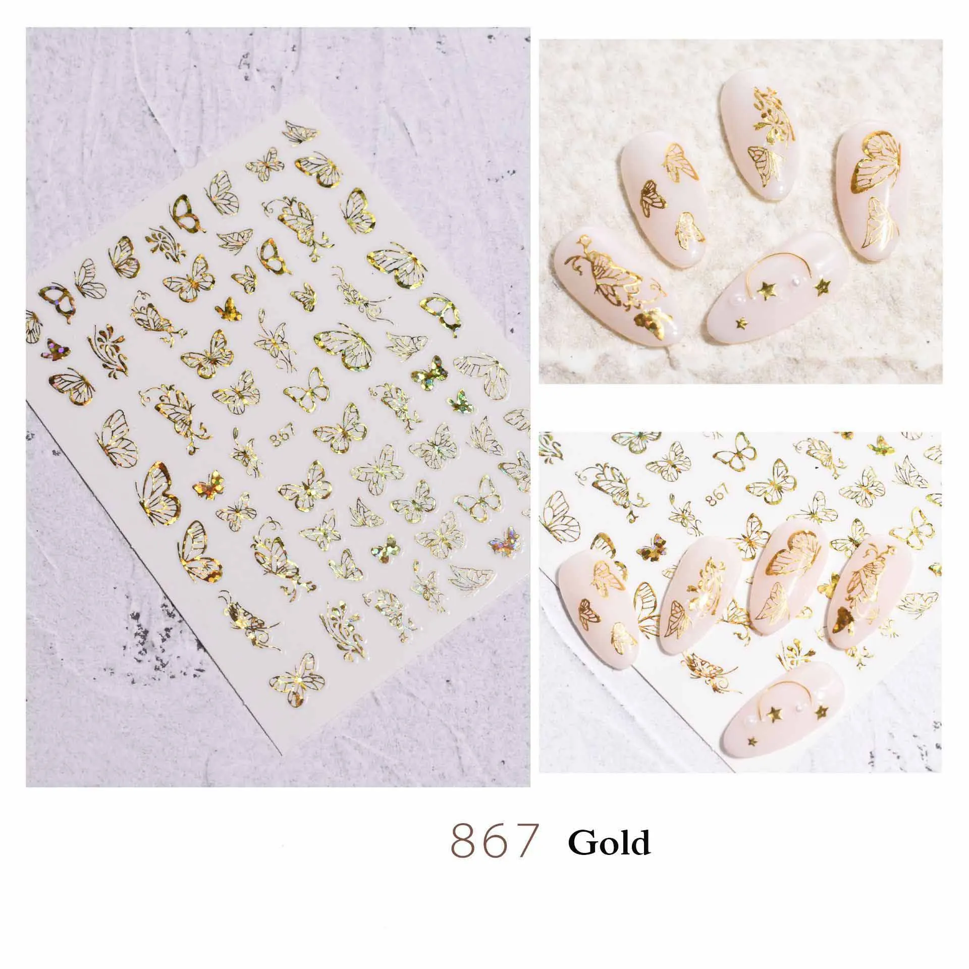 

Hollow butterfly sticker for nail art decoration gold silver gilding laser foils 3D manicure tips slider nail decal YJ024