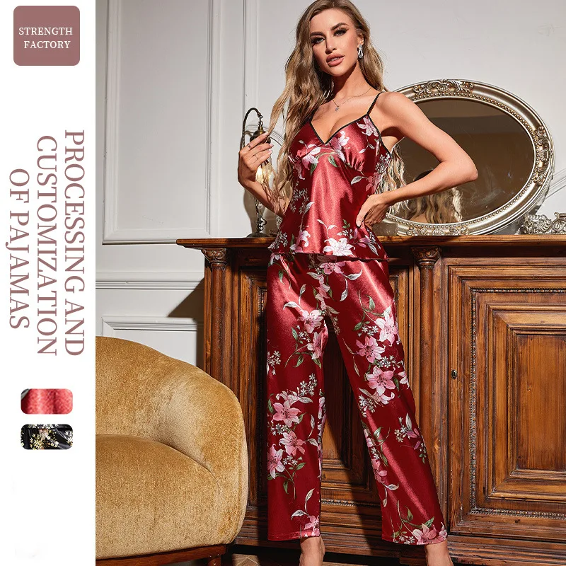 

2 шт., Женский пижамный комплект с принтом, из искусственного шелка