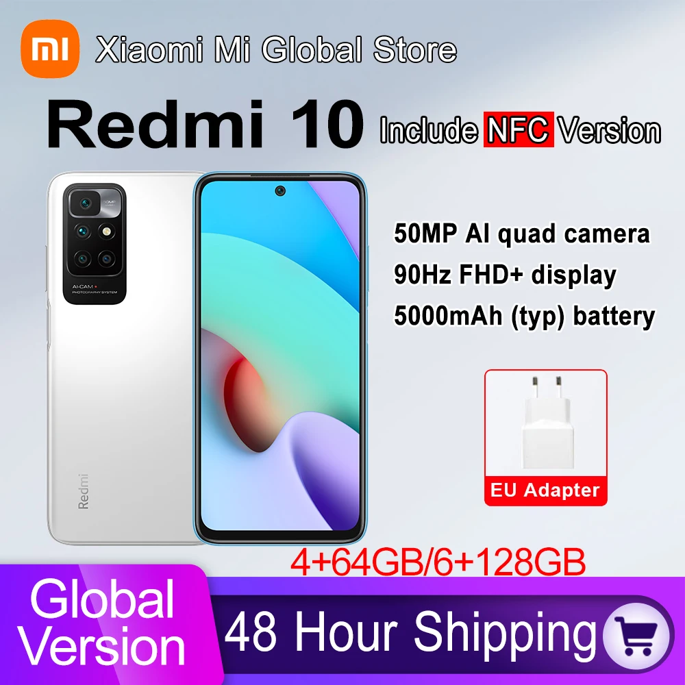 2022 Global Version Xiaomi Redmi 10 Phone 64GB/128GB MediaTek Helio G88 Octa Core 50MP Camera 90Hz FHD Display 5000mAh Battery