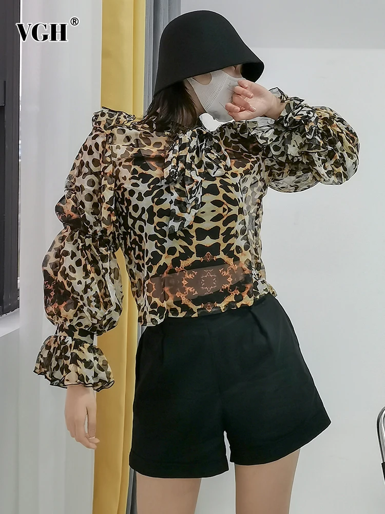

Женские рубашки с воротником-бантом VGH, повседневный Свободный пуловер с пышными рукавами и складками, леопардовая блузка, модная одежда, по...