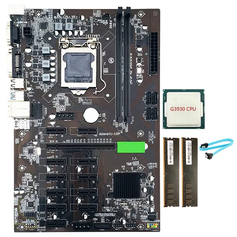 

Оригинальная материнская плата для майнинга BTC LGA 115 12X, слот для графической карты 2x DDR4 4 Гб 2133 МГц ОЗУ + процессор G3930 + кабель SATA