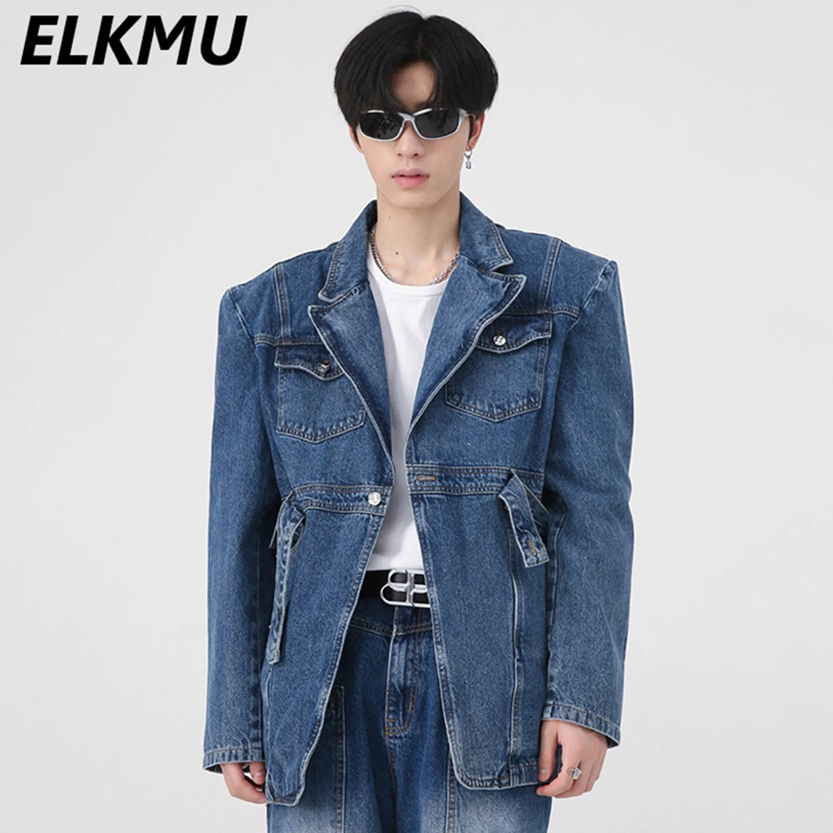 

2022 Korean Fashion Blue Denim Jackets Belt Splicing Men's Trend Jackets Coats Single Button