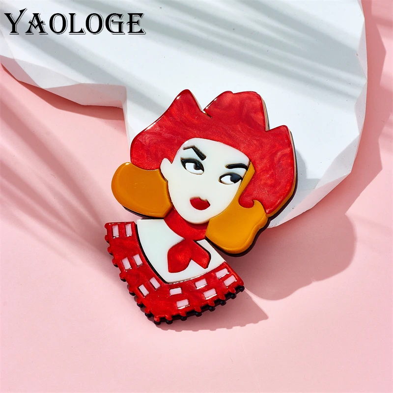 

YAOLOGE Acrylic Red Orange Hair Lady Brooches for Unisex Kids Lovely Birthday Pins Badge Accessories Party Gifts Jewelry Брошь