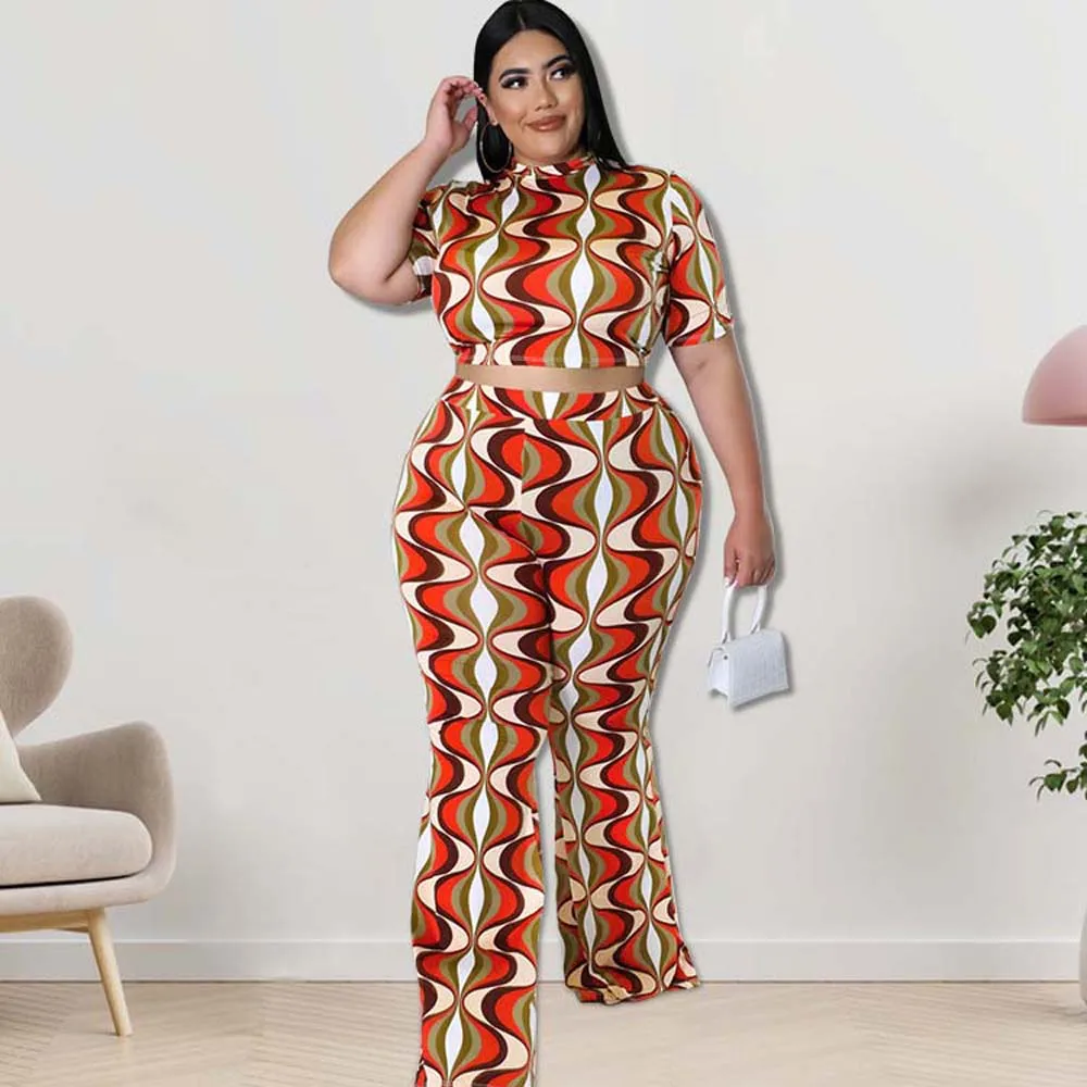 

Летний женский комплект из двух предметов, футболка с коротким рукавом и принтом, прямые брюки большого размера в западном стиле