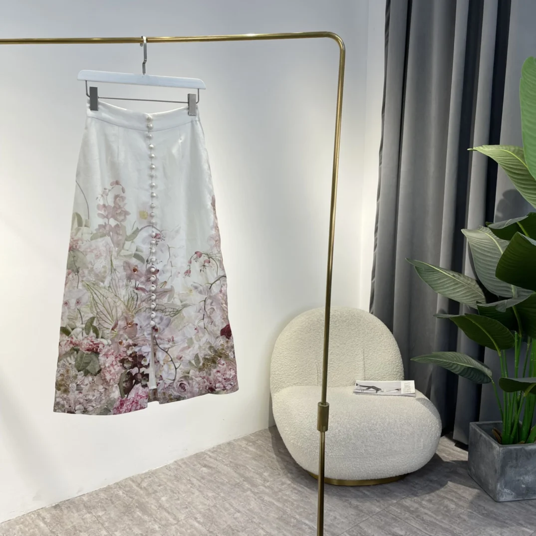 

Linen Top Quality Colorful Floral Print A-line High Wasit Midi Skirt 2022 Elegant Woman Spring Summer All-matching Clothe