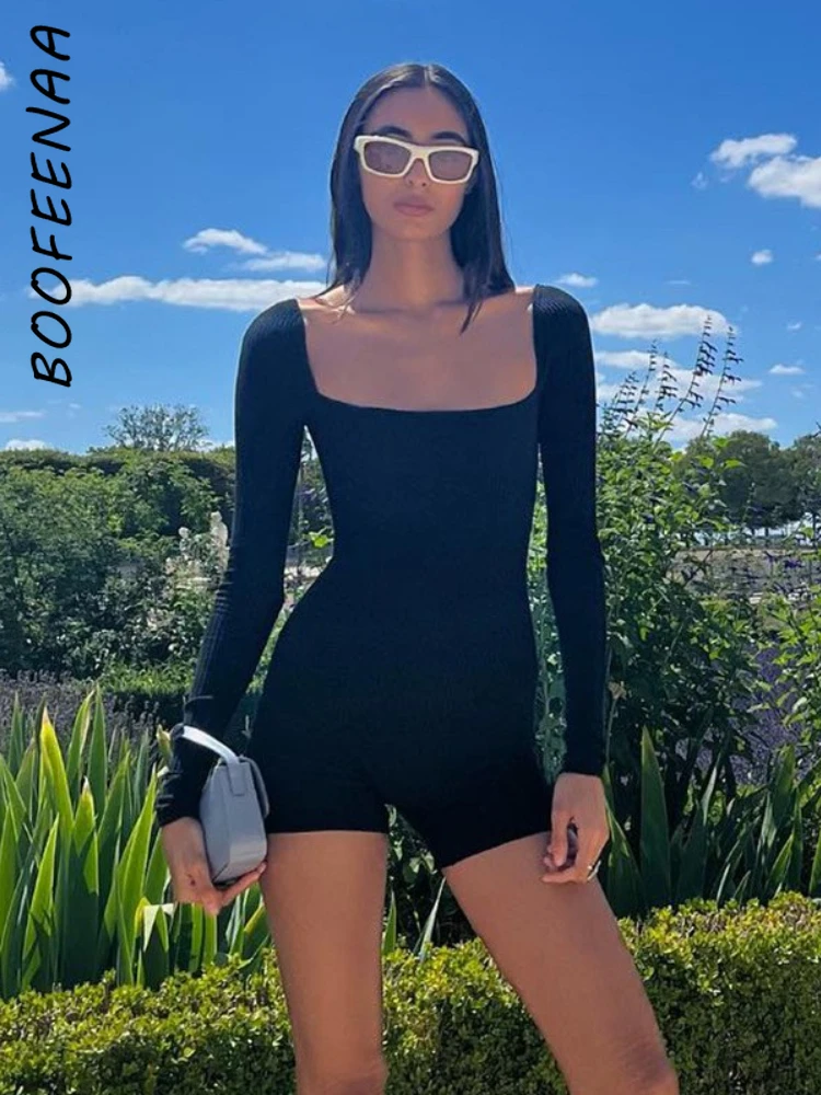 

BOOFEENAA Sexy Black Knit Romper Square Neck Long Sleeve Bodycon Playsuit Jumpsuits for Women 2022 Fall One Piece Outfit C85CE27
