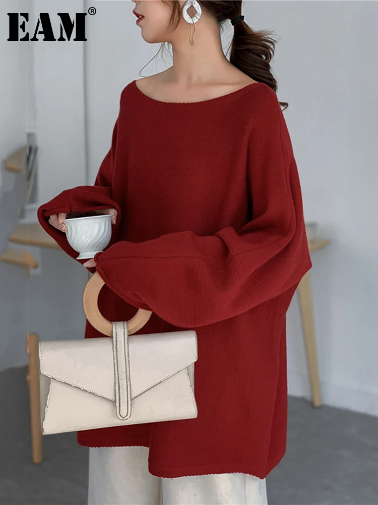 

[EAM] Red Big Size Knitting Sweater Loose Fit Slash Neck Long Sleeve Women Pullovers New Fashion Tide Autumn Winter 2023 1Y167
