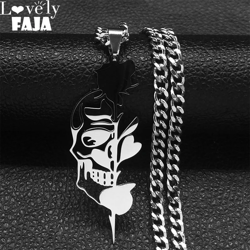 

2023 Goth Rose Skull Skeleton Heart Necklace Women Hip Hop Stainless Steel Hollow Necklaces Jewelry Halloween Gift collar N6219S