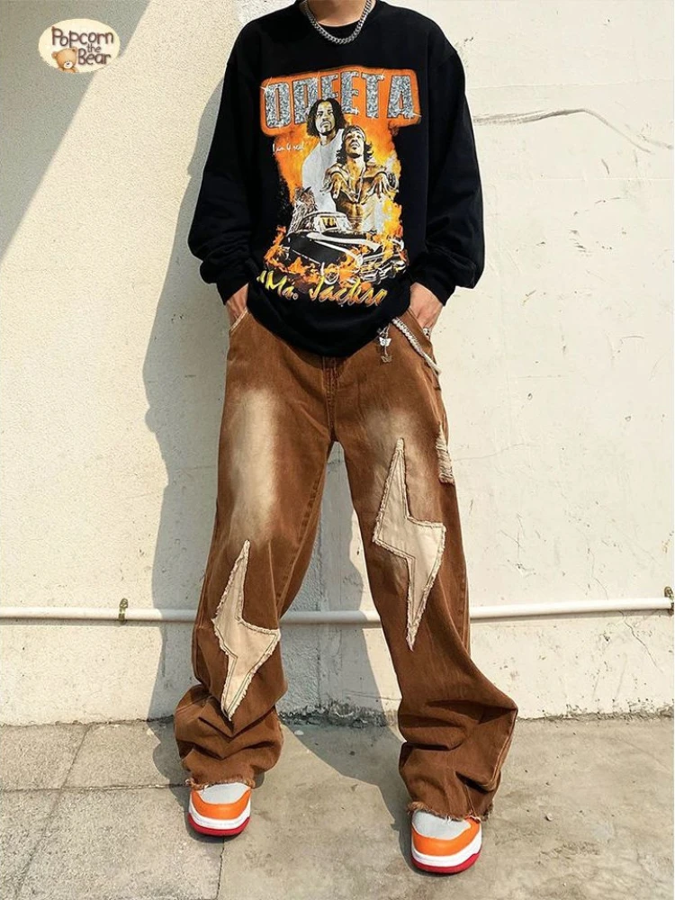 Streetwear Men Jeans High Street Vintage Baggy Pants Denim Y2k Harajuku Hip Hop Wide Leg Trousers Embroidery Patchwork Casual