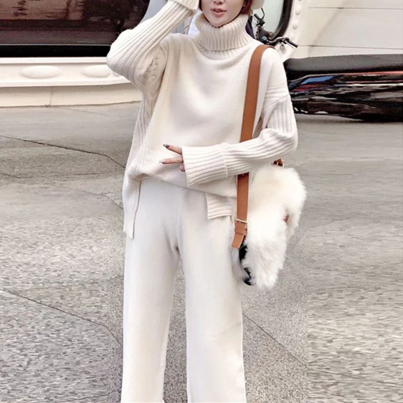 Knit Two Piece Set Warm Sweater Women's Trouser Suit Spring Autumn Knitted Suit Turtleneck Pullovers Wide Legs Pants 2 Piece Set