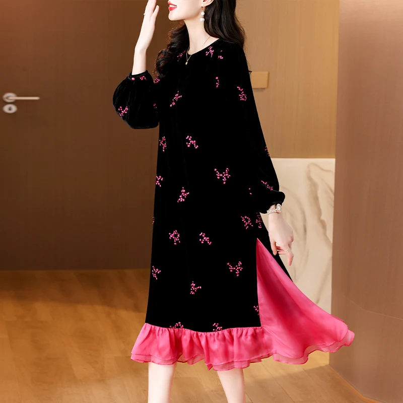 Женское бархатное платье миди AIMEILI новое модное с цветочной вышивкой и круглым